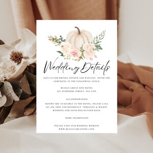 Fall Wedding Detail Card,Details Card Template, Autumn Wedding Information Card, Modern Fall Wedding Stationery, Instant Download, Editable