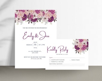 Wedding Floral Invitation Template, Modern Wedding, RSVP Card, Instant Download, Printable, Editable Template, Spring Wedding,