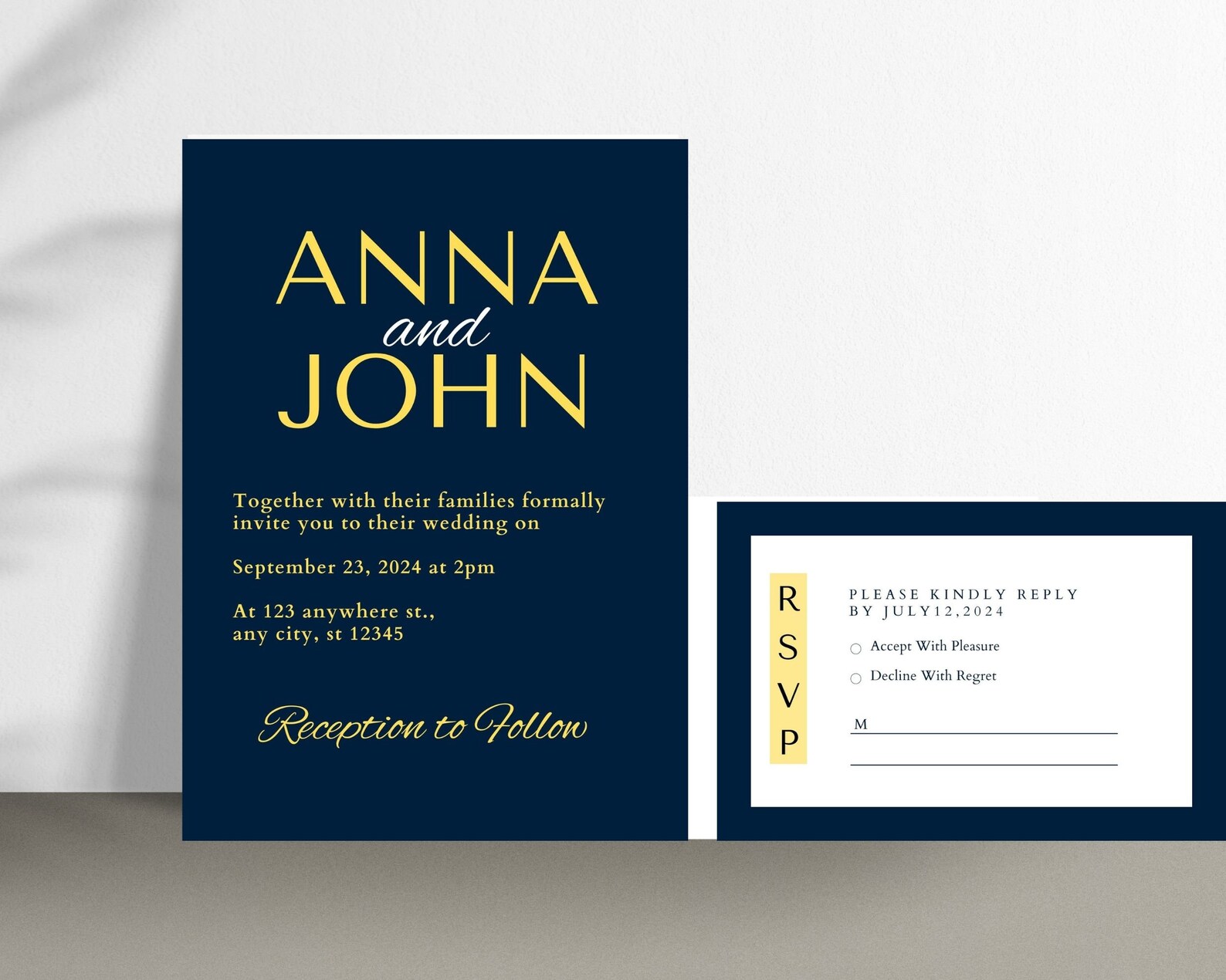 Wedding Invitation Set, Printable Wedding Invitation Template, Navy ...