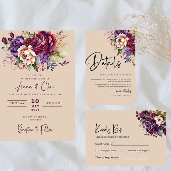 Floral Wedding Invitation Set, Elegant Wedding Invitation Suite, Burgundy Wedding Invitation, Editable Printable Template, Instant Download