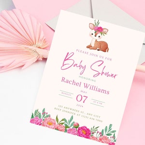 Wald-Baby-Dusche-Einladung Mädchen, Hirsch-Baby-Dusche-Einladung Floral, Baby-Hirsch, Rehkitz Baby-Dusche-Grün, bearbeitbare druckbare