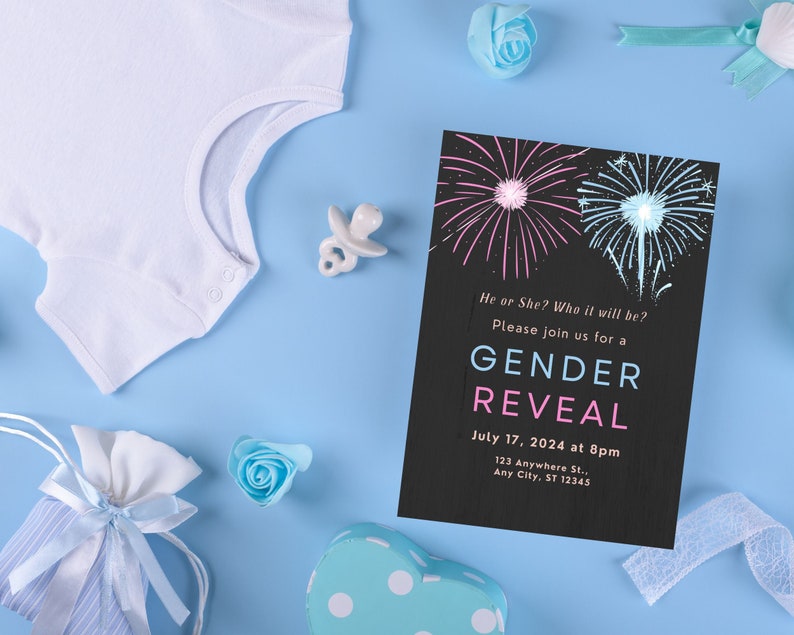 Firework Gender Reveal Invitation Blue and Pink Firecracker Etsy