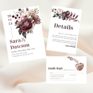 Ensemble d'invitation de mariage, mariage Dusty Rose et Bourgogne, faire-part de mariage floral, modèle modifiable imprimable, téléchargement immédiat