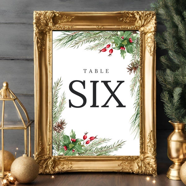 Christmas Table Number Card, Christmas Wedding Table Cards, Table Number Sign for Dinner Party, Editable Templates, Instant Download