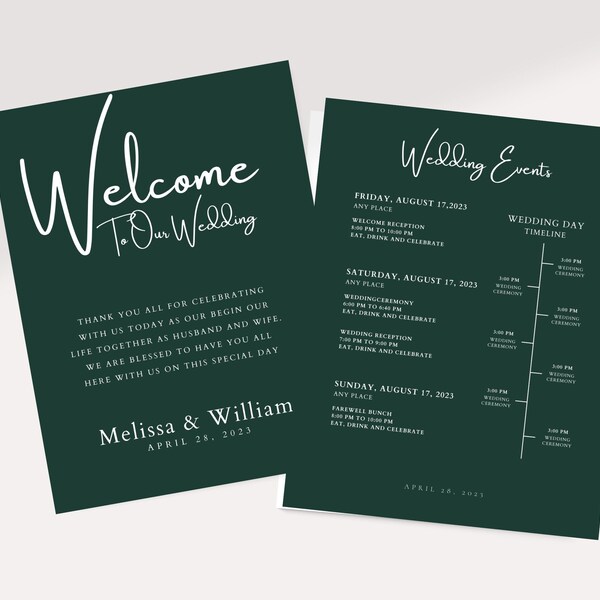 Wedding Timeline Template Emerald Green, Wedding Itinerary, Wedding Schedule, Editable, Order of Events, Printable, Instant Download