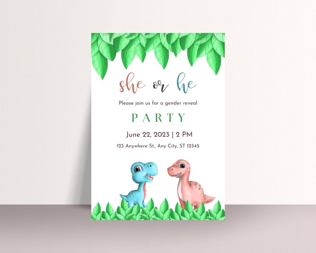 Dino Gender Reveal Invitation, Dinosaur Gender Reveal Party Invite