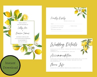 Lemon Wedding Invitation Set Template, Citrus Wedding Invitation, Editable Template, Printable Invitation, Italian Wedding, Instant Download