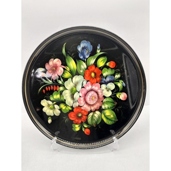 Vintage ZHOSTOVO Russian Hand Painted Enamel On Metal Round Tray Florals 14in