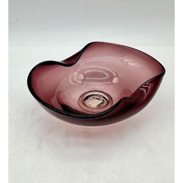 Hand Blown Art Glass Rolled Edge Bowl Amethyst 6.5x5in