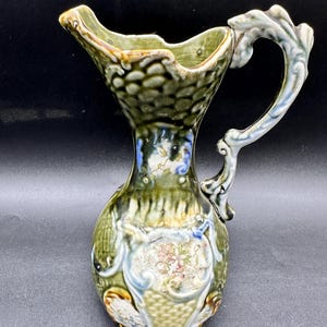 Vintage Hand Painted Majolica Pottery Pitcher Vase Floral Design #825