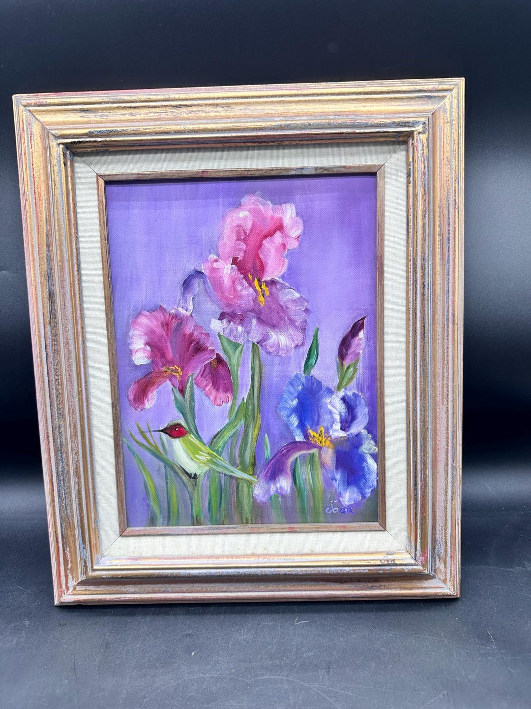 Vintage Original Art Still Life Oil Painting Purple Irises Framed ...