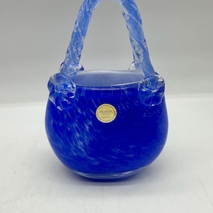 Vintage Block Art Crystal Hand Blown Blue Glass Purse Vase Applied flowers 8in
