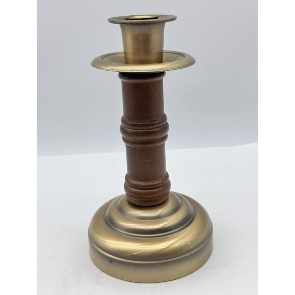 Vintage Homco Brass and Wood Candlestick Candle Holder 8.75in