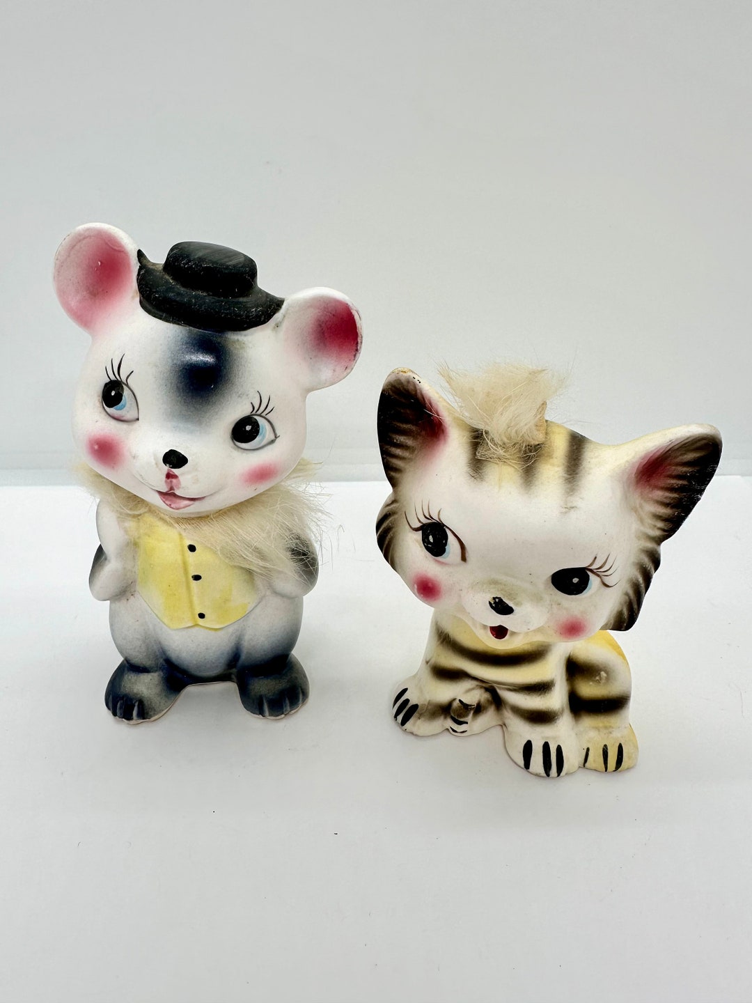 1950s Kitschy Furry Ceramic Big Eyes Cat Bear Figurines Anthropomorphic ...
