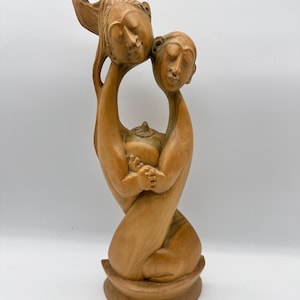 Vintage MCM Ethnic Hand Carved Wooden Man Woman Abstract Sculpture 16.5in Signed