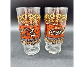 2 Vintage Coca Cola Happy Chef Glass Tumblers 1981 Vintage Barware 6in