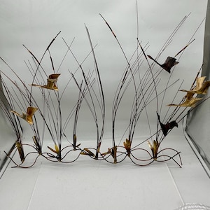 Vintage Jere Style Brutalist Brass Copper Geese Birds in Flight Sculpture 28x24”
