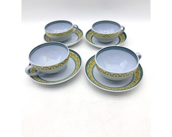 Set Of 4 Arabia of Finland Crown Band Tea Cups Demitasse Cups And Saucers