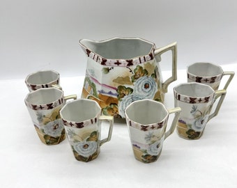 ANTIQUE Nippon Hand Painted Cider Lemonade Set Pitcher Six Cups Peony READ
