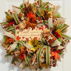Rustic Fall Wreath for Front Door – Handmade Autumn Wreath with Pumpkins, Sunflowers & Plaid Ribbons – Farmhouse Fall Decor