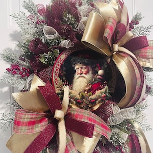 Vintage Santa Christmas Wreath: Handmade Red and Gold Plaid Bows