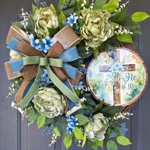 He Is Risen Easter Wreath: Spring Peonies & Cross Door Decor