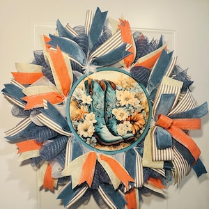 Rustic Western Wreath – Cowgirl Wreath, Cowgirl boots decor, Cowboy Boots & Floral Decor – Farmhouse Country Door Hanger