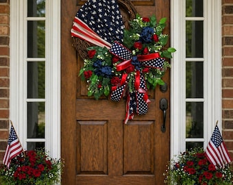 Patriotic Grapevine Wreath, American Flag Scarf Wreath, 4th of July Door Decor, Red White Blue Wreath, Summer Front Door Decor