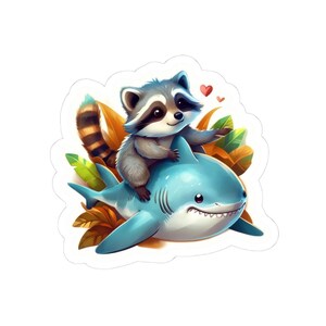 Cute Animal Kiss-Cut Stickers - Raccoon on Shark Design, Fun Decor for Laptops, Water Bottles, Kids Room, Gifts