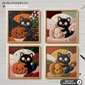 May include: Four square framed wall art prints featuring a black cat hugging a pumpkin. Each print displays a different seasonal color palette and patterned background, including Halloween motifs, soft pinks, festive greens, and warm autumn tones.