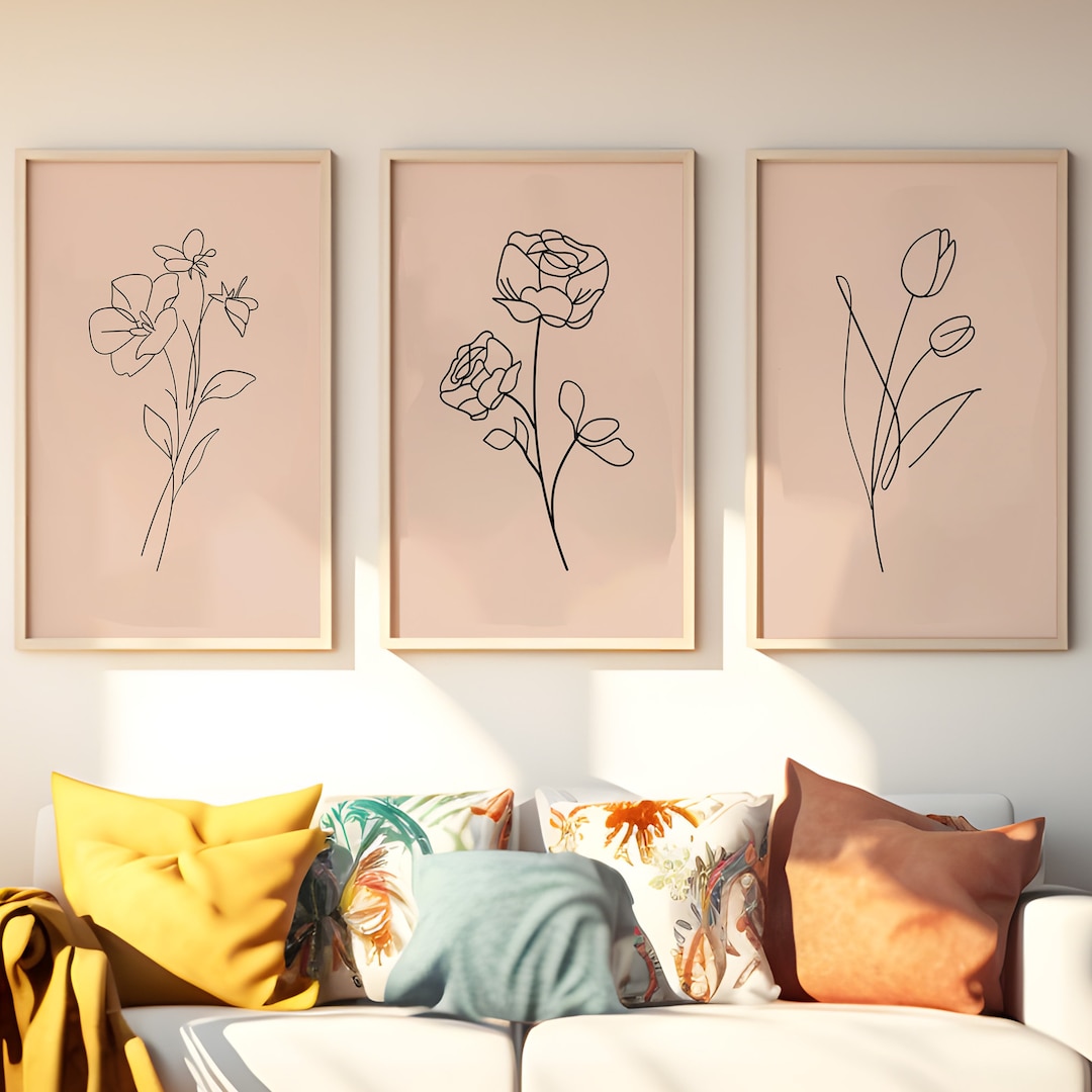 Flower Line Art Print Set of 3 Abstract Home Décor Printable Wall Art ...