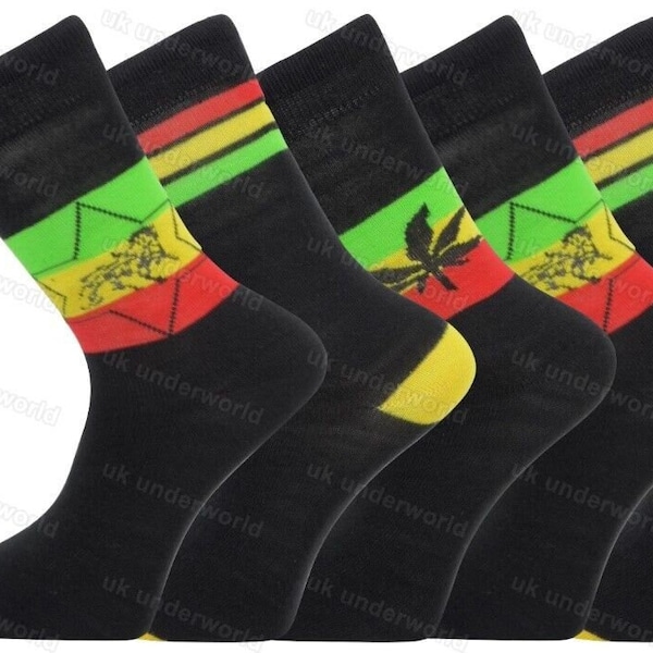 Mens Rasta Rastafarian Print Socks Jamaica Jah Lion Of Judah Weed Ganja Designer Socks (Size 6-11 UK) Soft Touch Everyday wear Cotton Socks