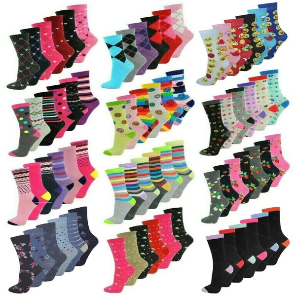 12 paires de chaussettes de designer de couleurs assorties pour femmes et femmes (taille 4-7)