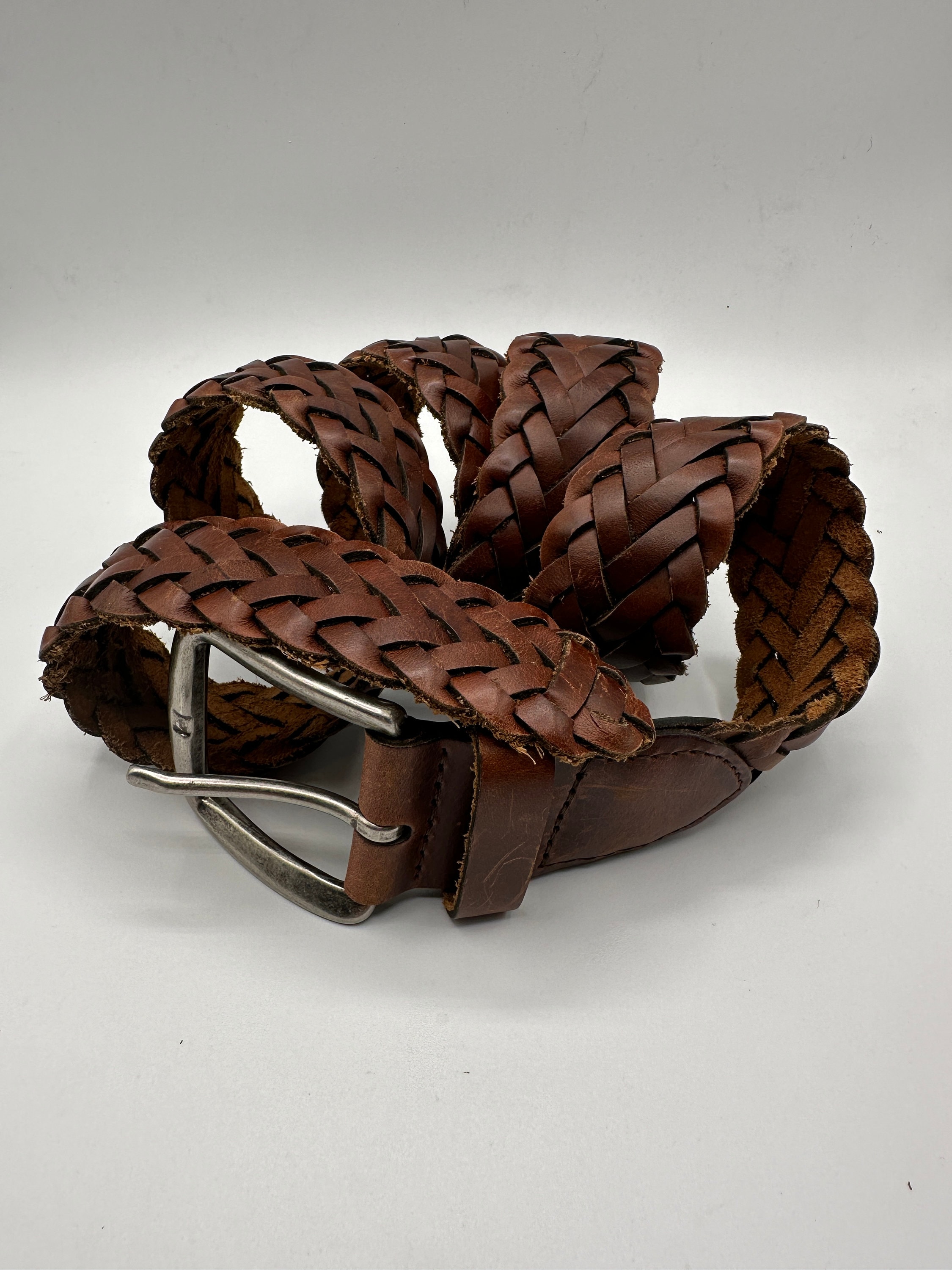 Vintage Braided Brown Genuine Leather Belt, Made in  display picture 3