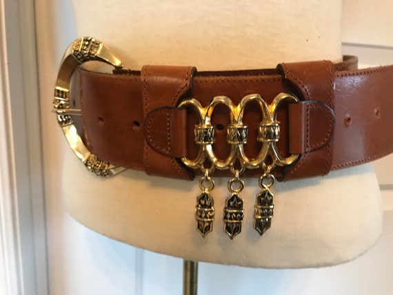 Wide Brown Leather Belt With Gold Buckle, Made in Italy - Etsy display picture 1