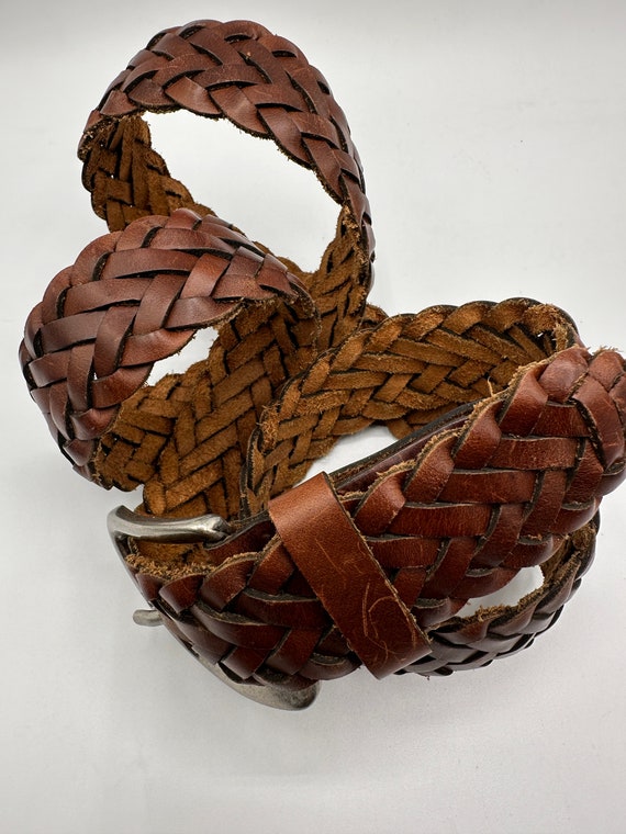 Vintage Braided Brown Genuine Leather Belt, Made in  display picture 3