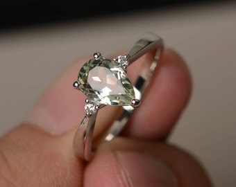Groene Amethist Ring-925 Sterling Zilveren Ring-Statement Ring-Pear Cut Verlovingsring-Sierlijke Promise Ring-Verjaardagscadeau-Verjaardagscadeau
