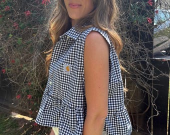 Reworked Carhartt Gingham Crop Top, Ruffle Hem Blouse, Upcycled Workwear Street Style