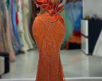 Orangefarbenes Perlenkleid, afrikanische Frauenkleidung, Ballkleid, Hochzeitskleid, Empfangskleid, Heimkehrkleid, Geburtstagskleid