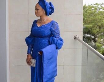 Royal blue lace wrapper, African iro and buba outfit for women, traditional wedding dress, engagement dress, women fashion dresses,