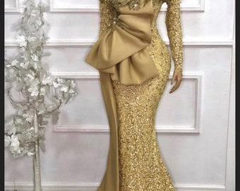 Long gold sequence dress, African women dress, prom dress, evening dress, wedding dress, reception dress, bridal dress