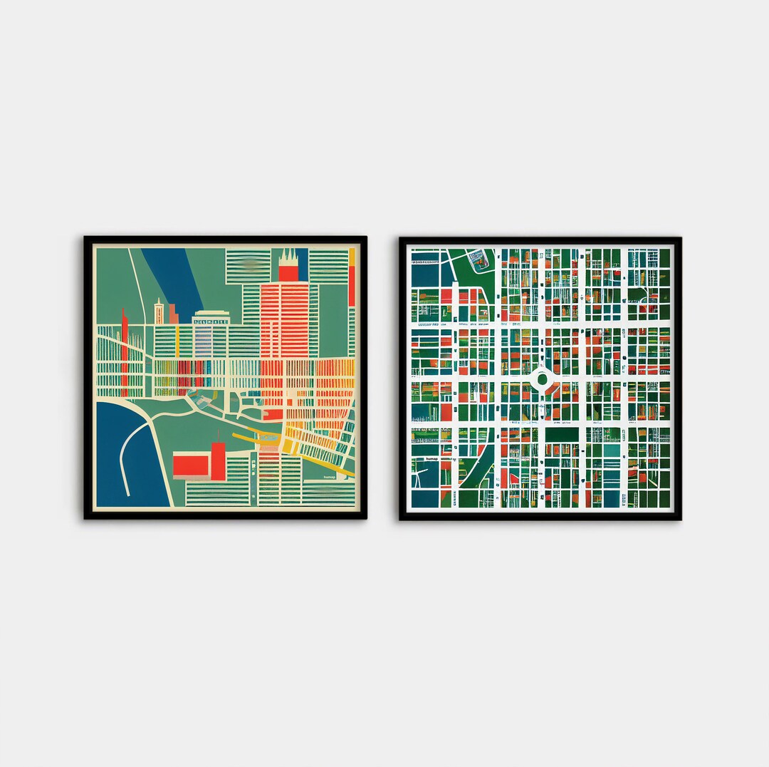 Set of 2 Abstract and Colorful City Map Art Prints - Etsy