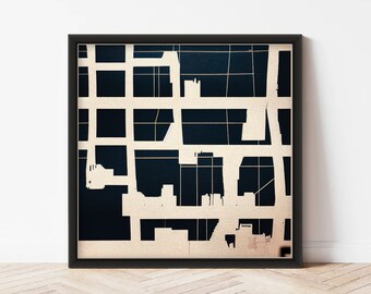 May include: Abstract art print with a black and white geometric design. The design features a grid pattern with overlapping shapes and lines.