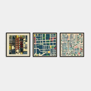 Set van 3 abstracte en kleurrijke stadsplattegronden kunstafdrukken