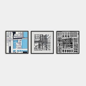 Set van 3 abstracte en kleurrijke stadsplattegronden kunstafdrukken