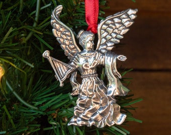 Angel Polished Ornament - Angel with Harp - Pewter Christmas Ornament