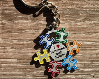Autism Keychain Satin Epoxy - I Love Someone With Autism Keychain - Pewter Keychain