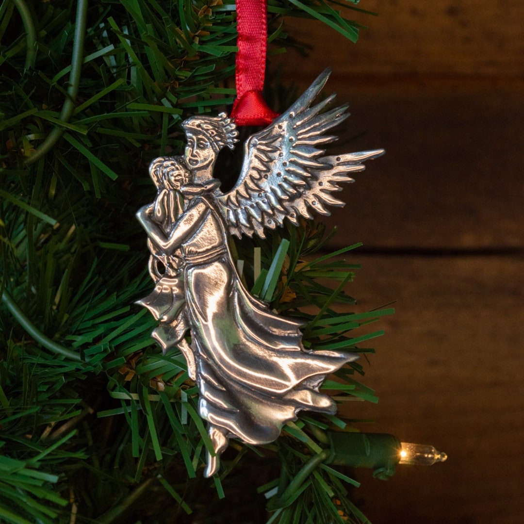 Handcrafted Pewter Angel Christmas Ornament Angel Holding Child