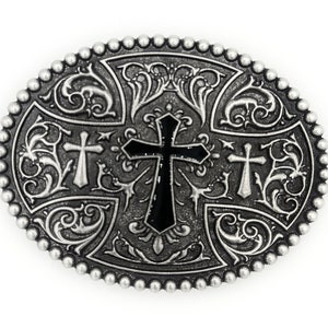 Handcrafted Pewter Cross Belt Buckle: Black Inlay, Satin  display picture 3