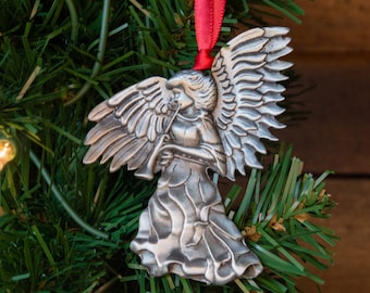 Angel Satin Ornament - Angel with a Flute - Pewter Christmas Ornament